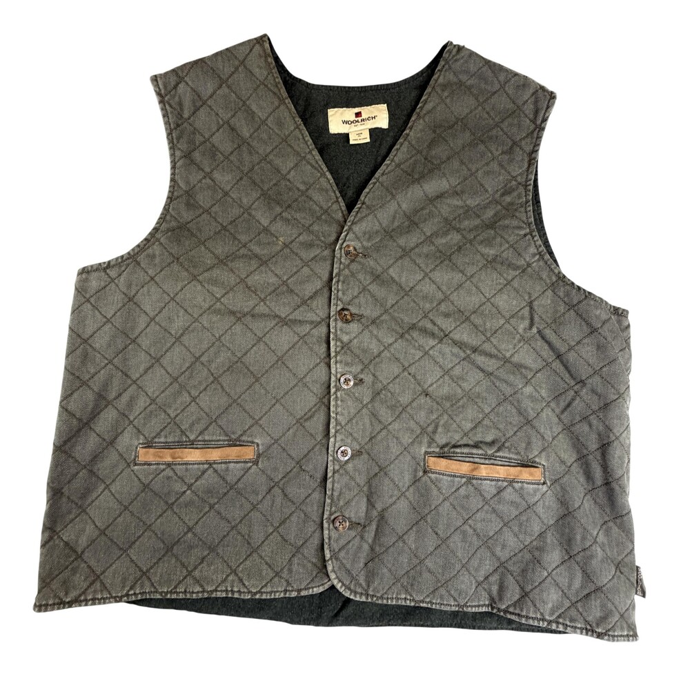 Woolrich Vest Mens XL Green Quilted Canvas Lined Belted Button Front Outdoor